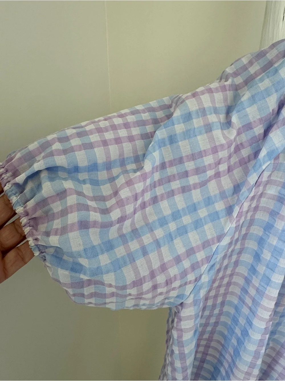 LOFT Lavender & Light Blue Gingham Puff-Sleeve Peasant Blouse Size Large